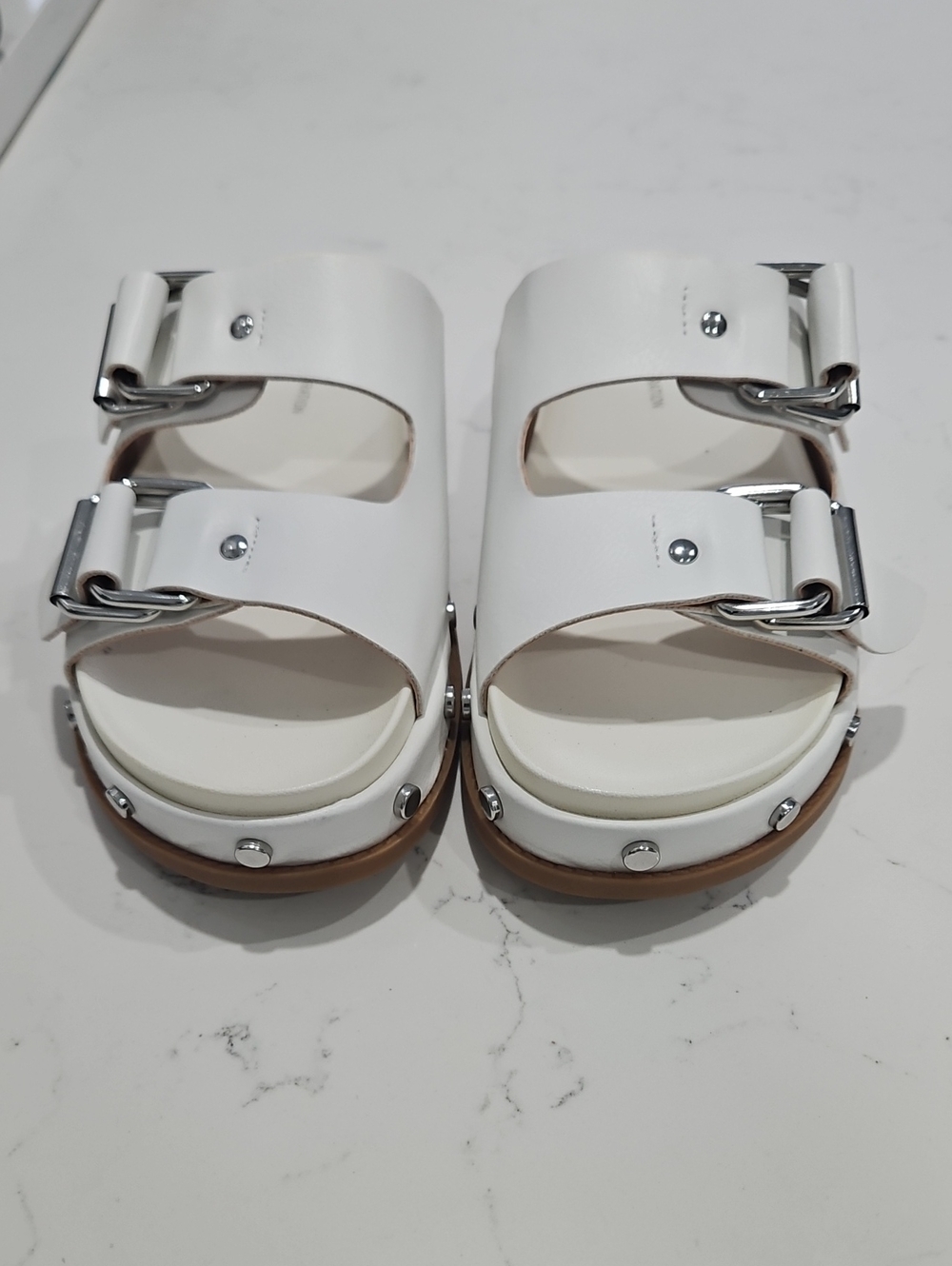 BCBGeneration White Women’s Double Buckle Slide Sandals
